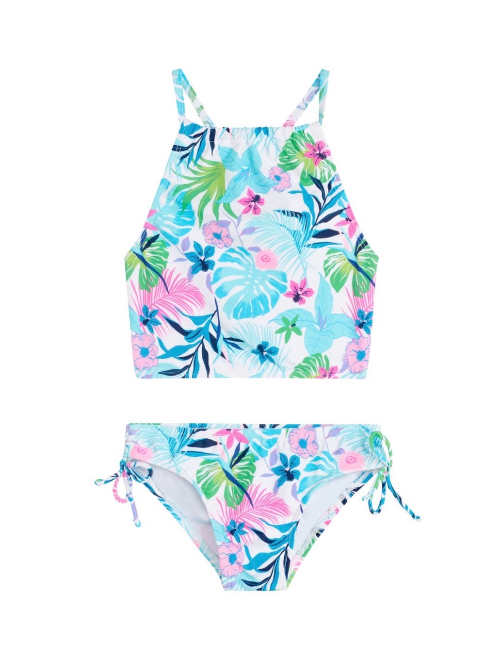 Kids Floral High-Neck Bikini Set - Blue, Pink & Green